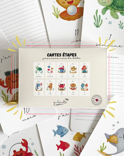 Coffret de 15 cartes étapes premiers mois de bébé, thème sous-marin